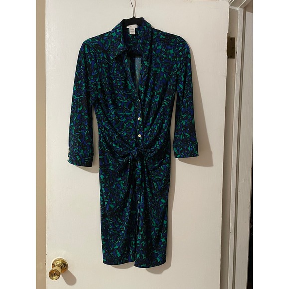Cache Dresses & Skirts - Cache Dress Women's Size M Blue Green Abstract Print Button Front Tie Waist Midi